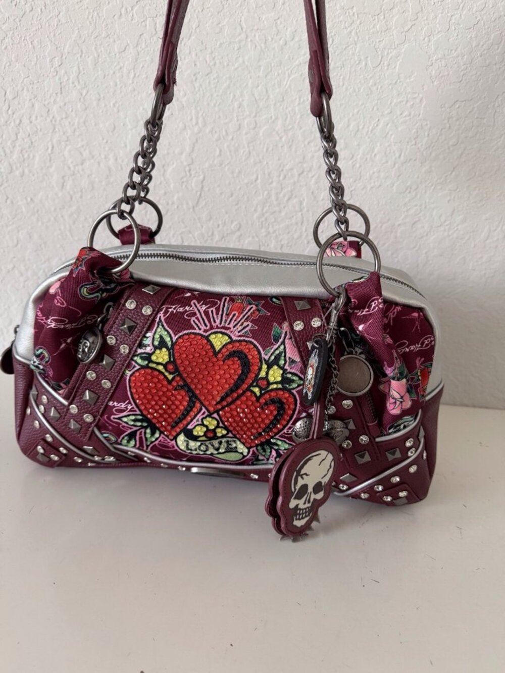 Ed Hardy Burgundy Studded Shoulder Bag Medium Zip Skull Heart Charm NEW NO TAGS